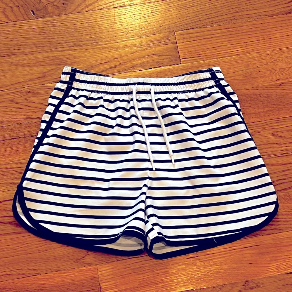 Navy and stripe swim trunks